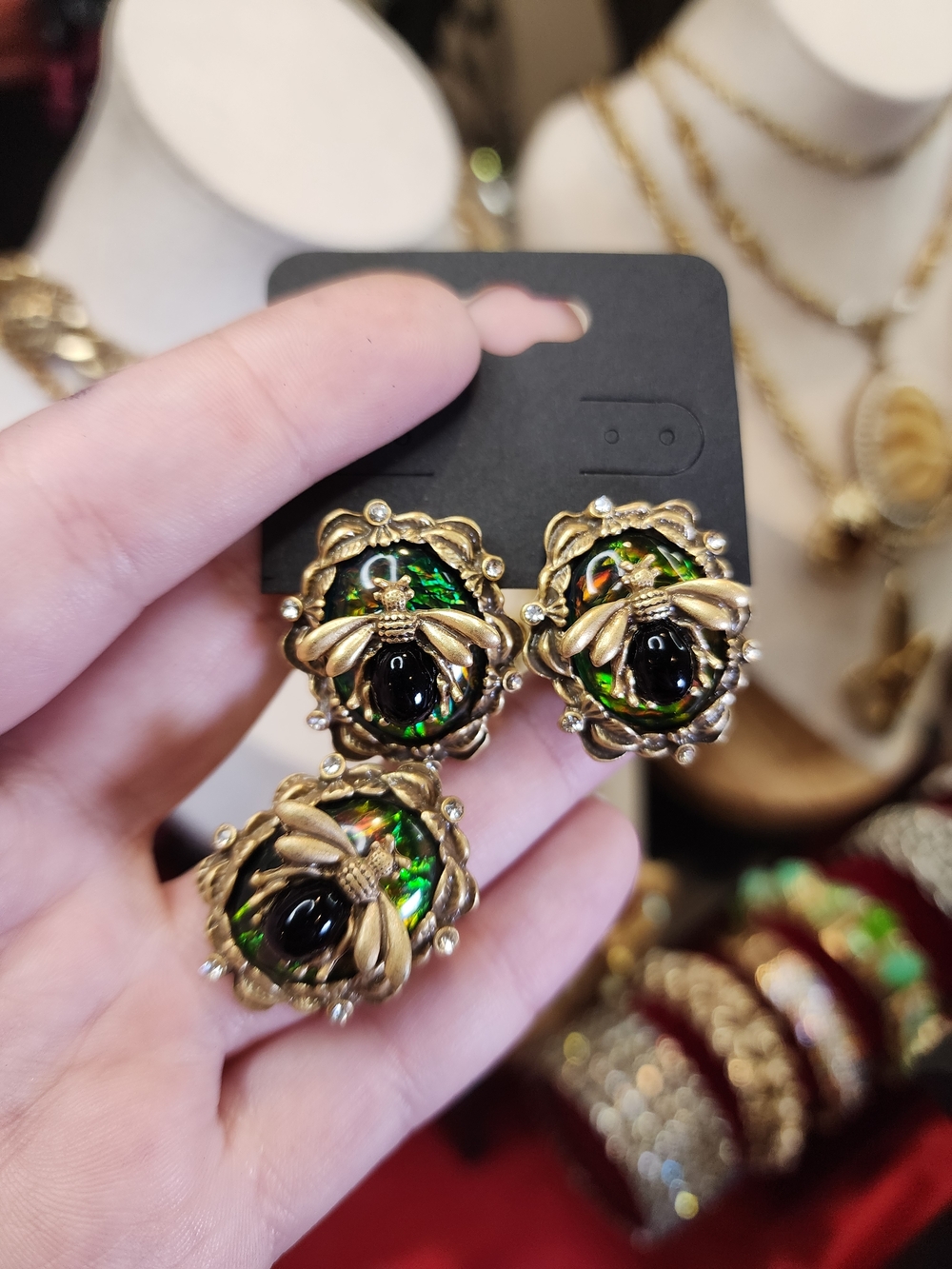 Vtg Style Glass Bee Ring And Earrimg Set 925 Posts